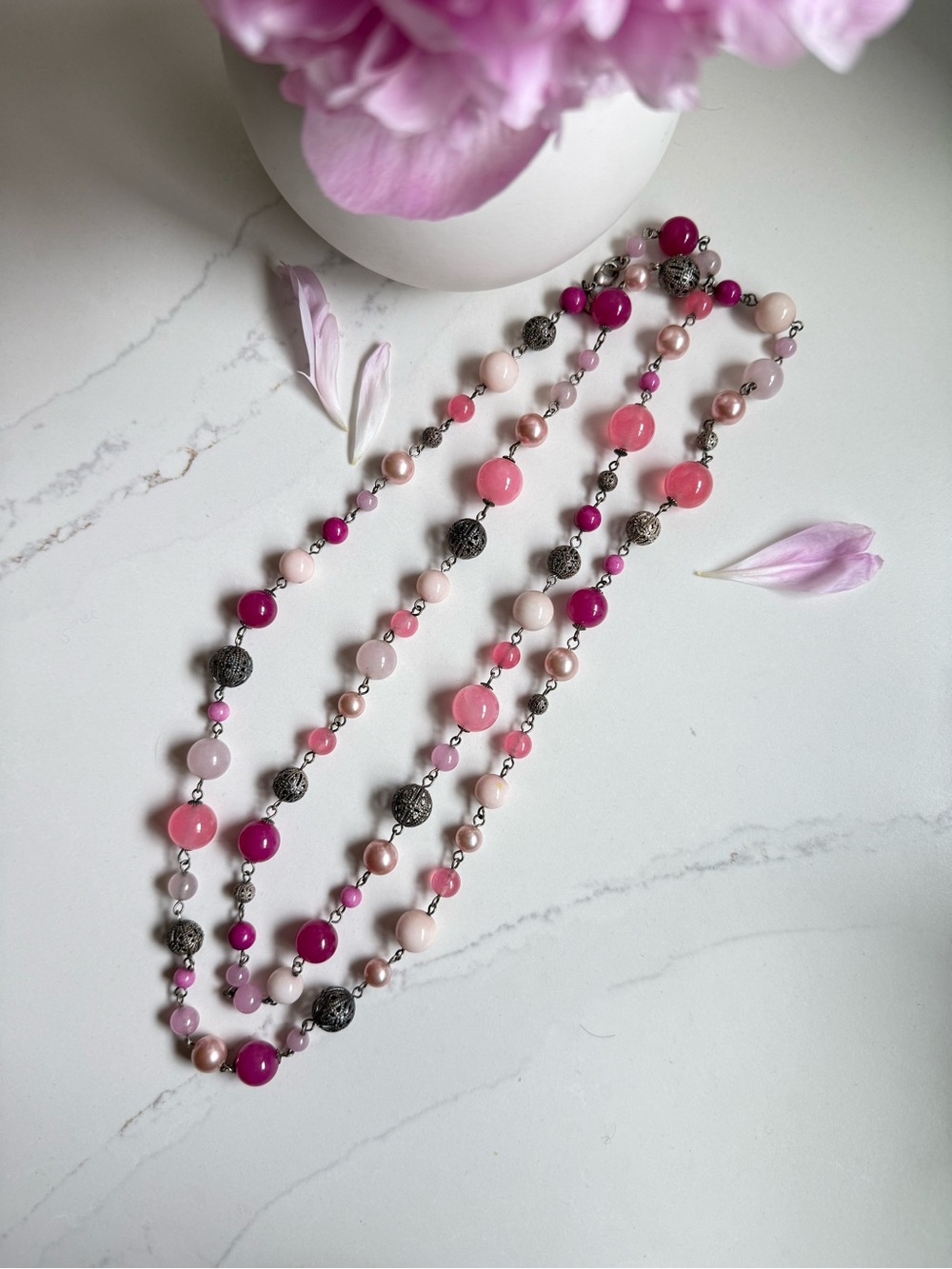 Vintage Boho Multi-Tone Pink Beaded Long Necklace with Metal Filigree Accents